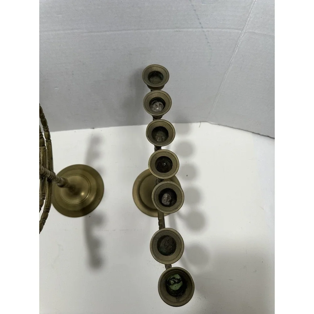 Vintage Brass 7‎ Branch Menorah Pair Traditional Jewish Candelabra Judaica Gold